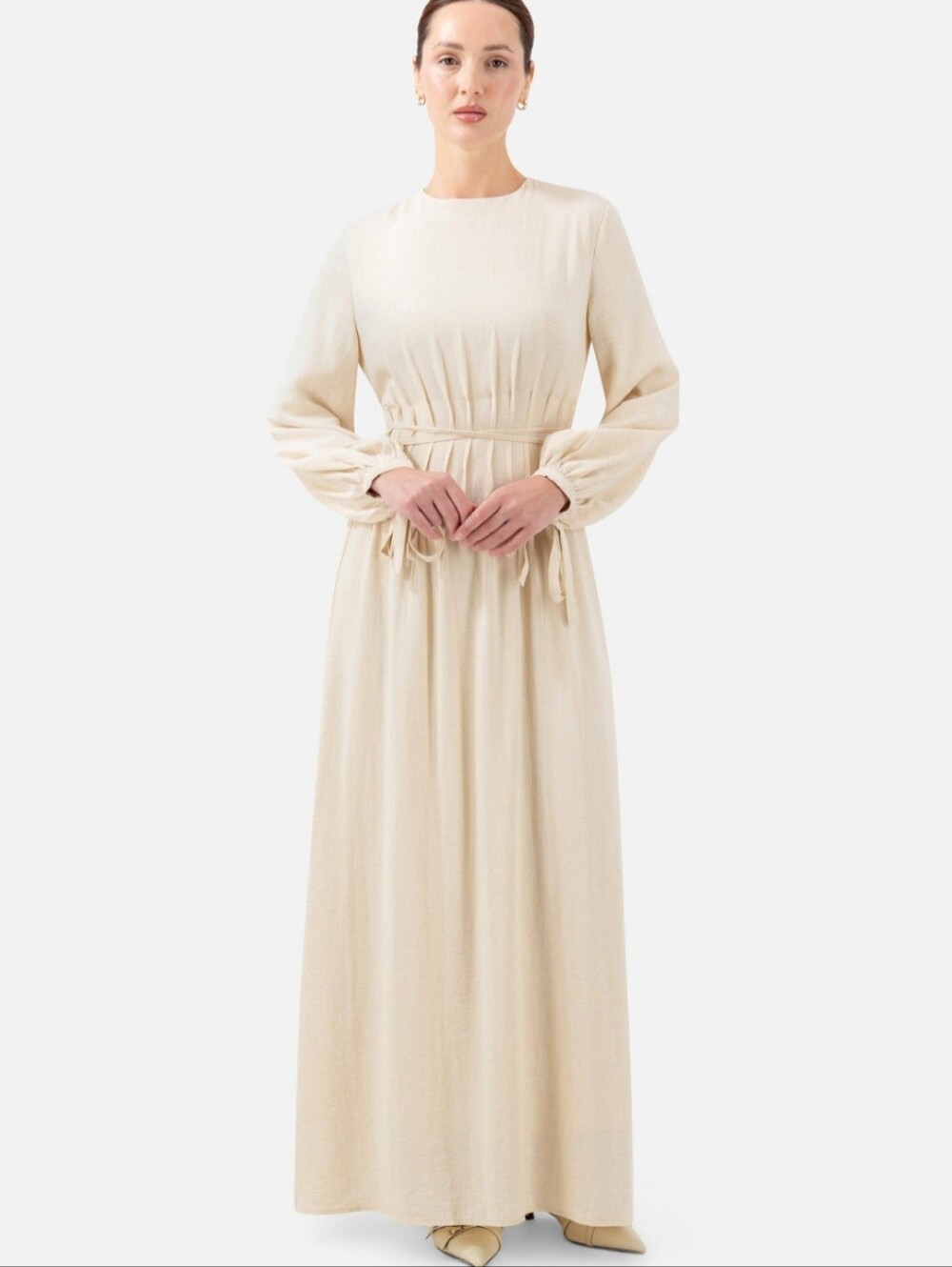 Elegant Cream Long-Sleeve Maxi Dress
